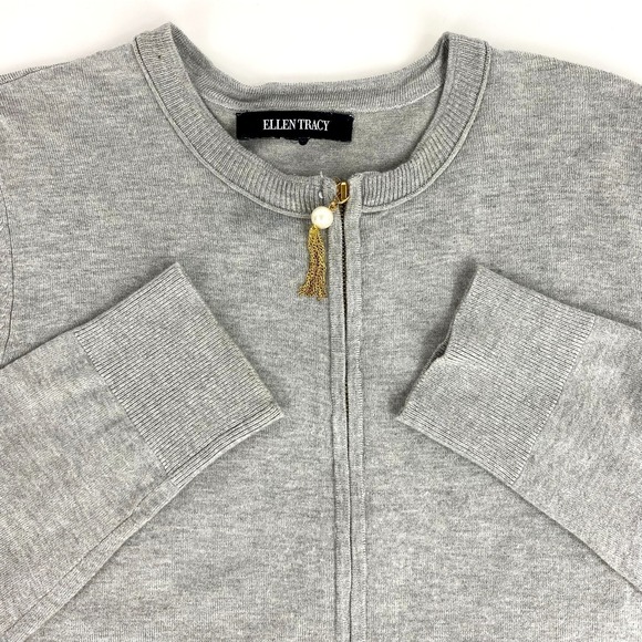Ellen Tracy Cardigan Sweater Women's M Pearl Zip Pull Jacket Gray Viscose Nylon - Picture 4 of 9
